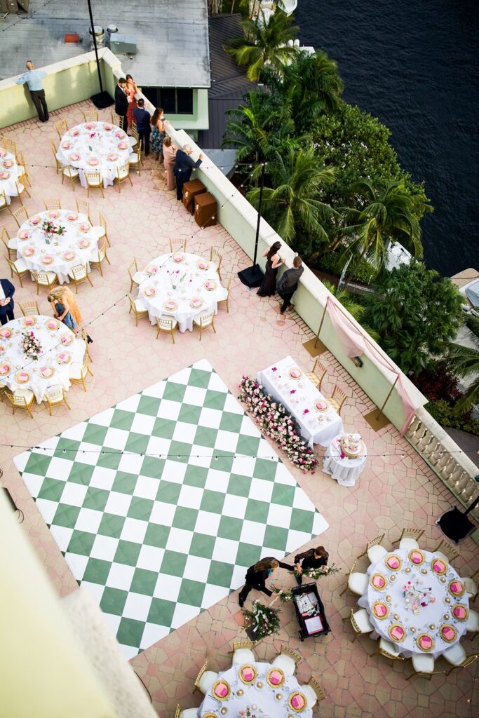 reception on the skyline terrace for a riverside hotel wedding