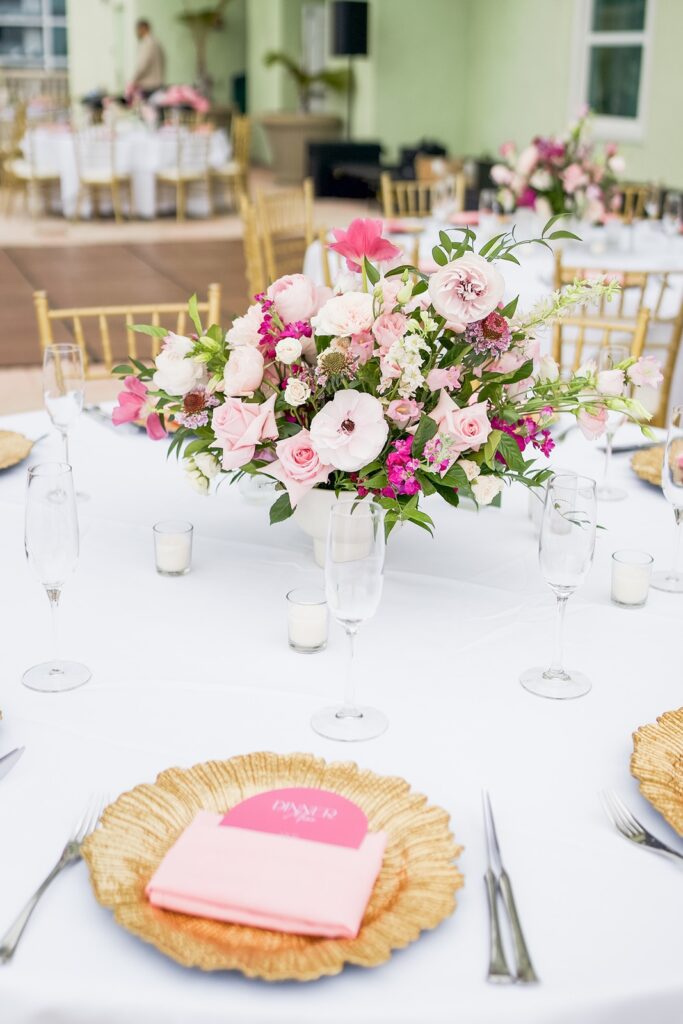 Table centerpieces at a riverside hotel wedding